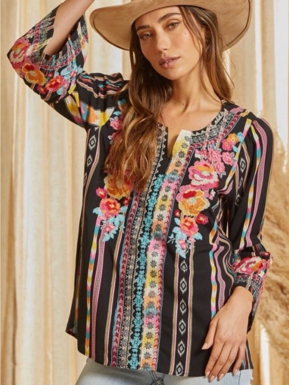 Savanna Jane top size Large. vibrant floral embroidered, Aztec striped pattern